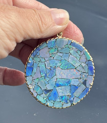 Large Vintage 14K Gold Rope Design Opal Mosaic Statement Pendant 2 5/8″ length