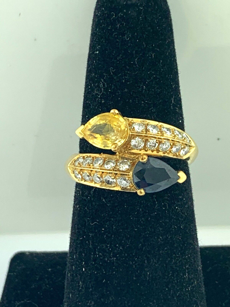 Yellow & Blue Pear Sapphires 1.80ct + Diamonds 0.60ct Cross-Over~18Kt Gold Ring