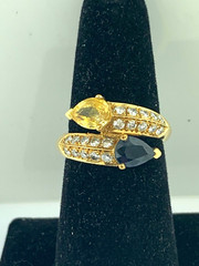 Yellow & Blue Pear Sapphires 1.80ct + Diamonds 0.60ct Cross-Over~18Kt Gold Ring