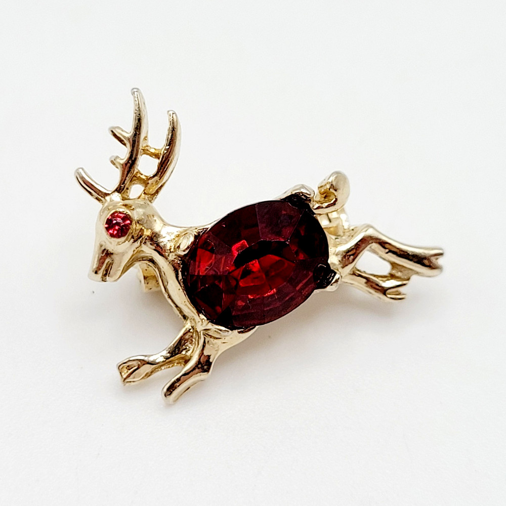 Vintage Red Rhinestone Reindeer Christmas Holiday Rudolph Brooch Pin Tiny 1 inch