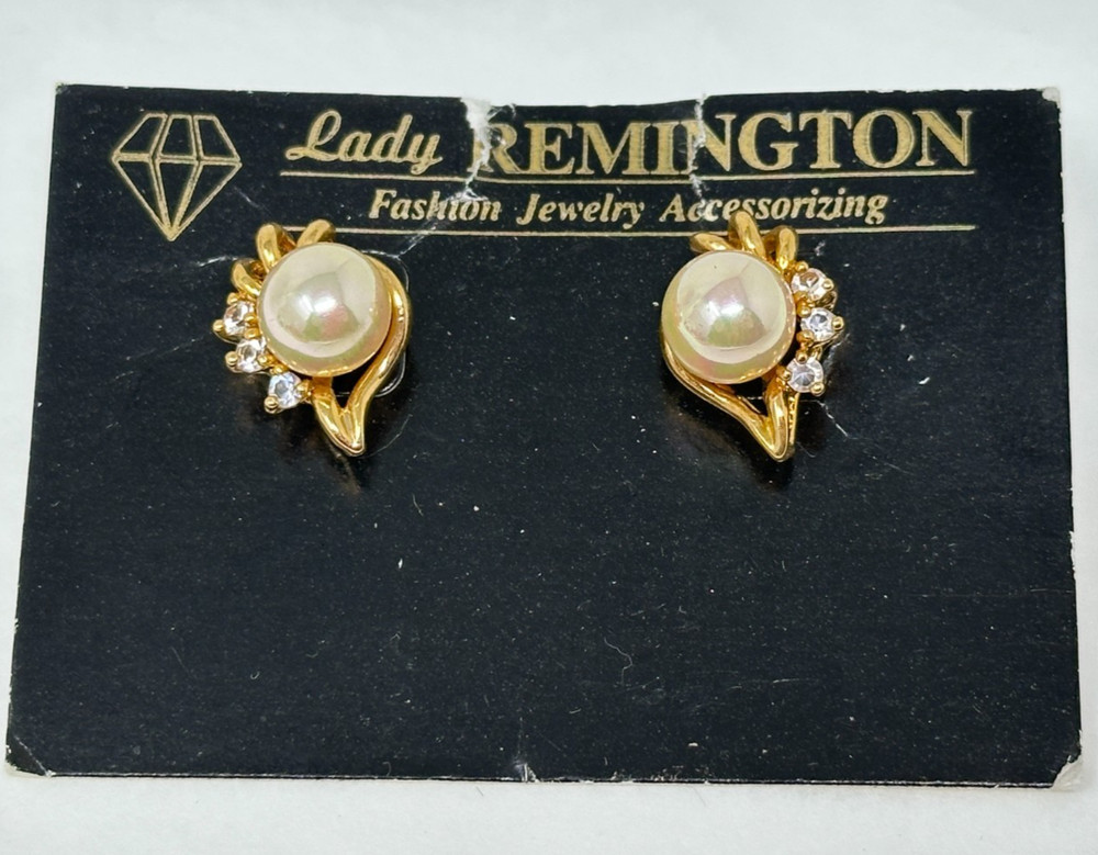 Vintage Lady Remington Faux Pearl Rhinestone Pierced Post Earrings on Card