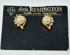 Vintage Lady Remington Faux Pearl Rhinestone Pierced Post Earrings on Card