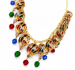 Vintage Festive Gold Tone Colorful Cage Bead Necklace Red Green Blue 21″