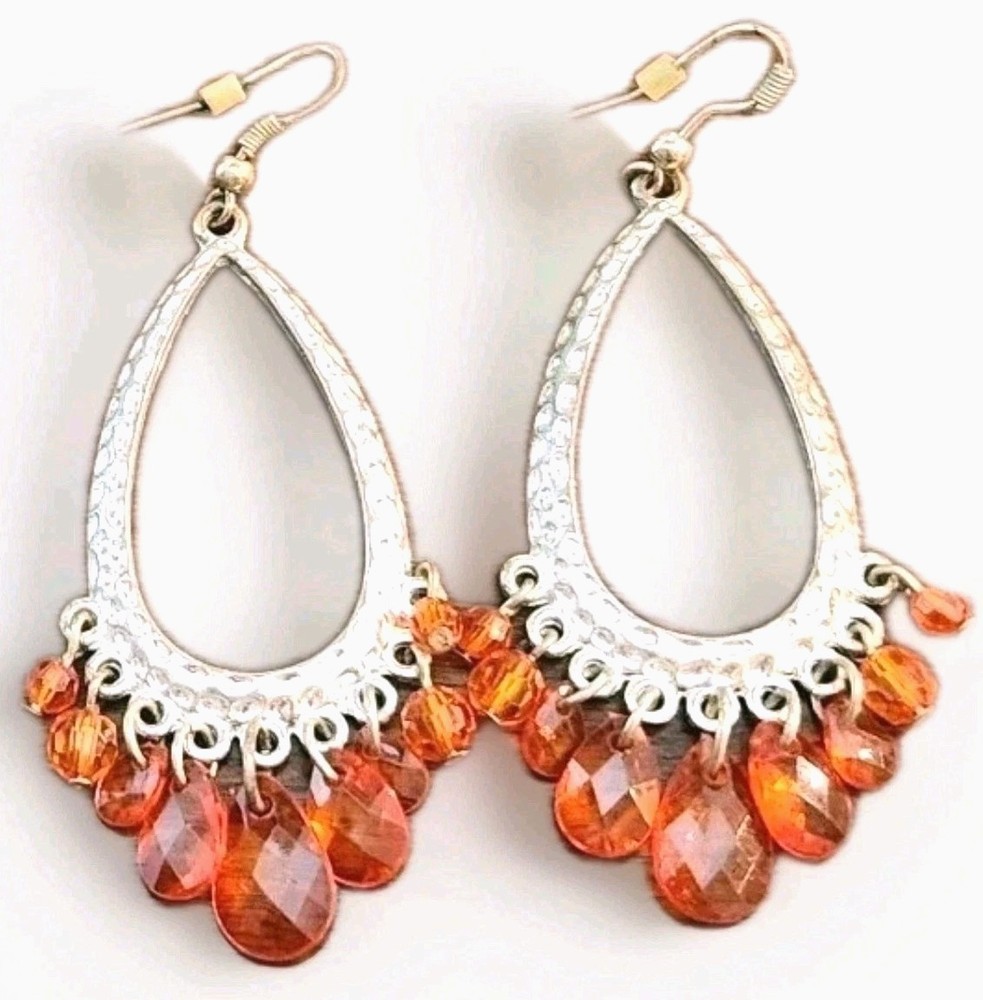 VINTAGE ORANGE BEADED CHANDELIER SILVER TEARDROP PENDANT DANGLE DROP 3″ EARRINGS