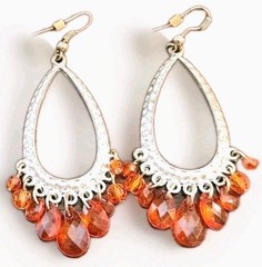 VINTAGE ORANGE BEADED CHANDELIER SILVER TEARDROP PENDANT DANGLE DROP 3″ EARRINGS