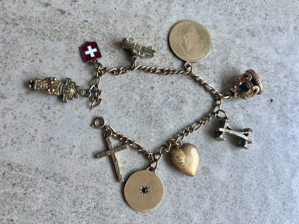 Vintage 7″ 12K GF Gold Filled Charm Bracelet 9 Charms Old Locket Fob 32g H6
