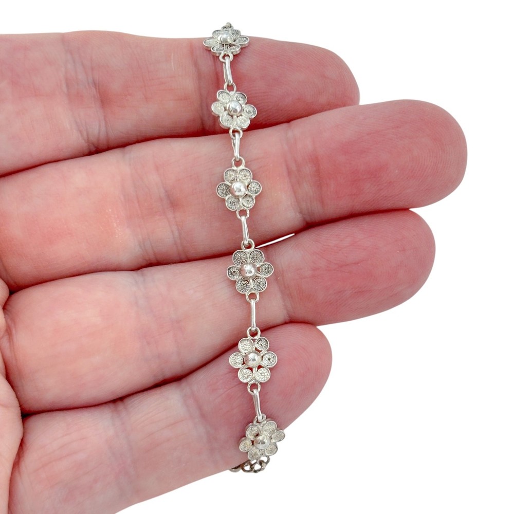 Vintage Sterling Silver 925 Flower Bracelet 7.5″