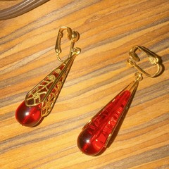 Avon Vintage Clip-On Red Lucite Drop Goldtone Filigree Dangly