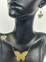 Vintage Beautiful Jools Brass Butterfly Necklace & Earrings Set Boho Art Nouveau