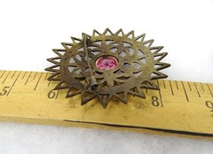 Antique Large Round Brass Sunburst Brooch, Oval Pink Stone, C-clasp