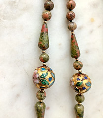 Vintage Beaded Necklace Chinese Champleve Cloisonne Jasper Opera Length 30″