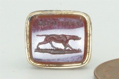 ANTIQUE ENGLISH GOLD CARNELIAN AGATE FOB SEAL DOG ‘TAKE HEED’ c1840