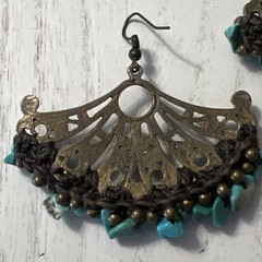 Vintage Turquoise and Brass Plated Metal Fan Earrings Art Deco Style Pierced
