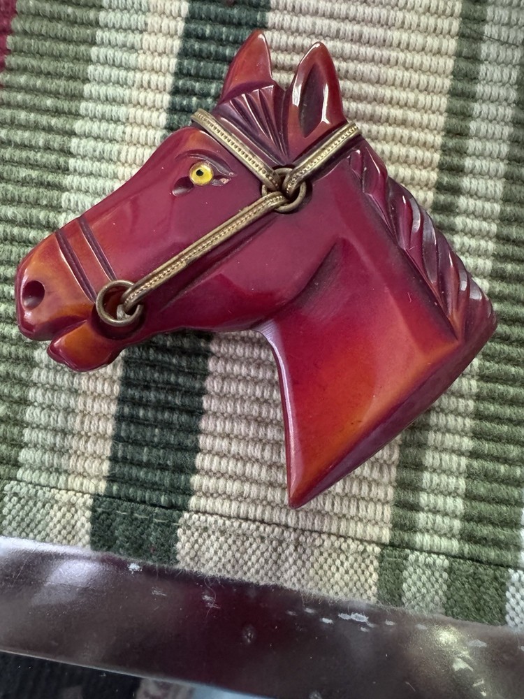 Vintage Carved Red Bakelite Horse Head Brooch Simichrome Tested