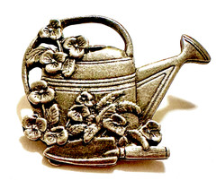 SIGNED Birds & Blooms Garden Watering Can Brooch LE 2000 Silver Tone 1.5”