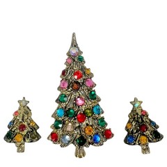 Vintage Rhinestone Gold Tone Christmas Tree Brooch with Matching Earrings