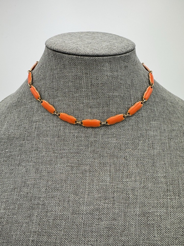 Vintage Orange Enamel Link Necklace Gold Tone Spring Ring Clasp 15.5”