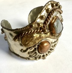 VTG Hippie Artist Studio Boho Bracelet Stone Mixed Metals Natural Cuff