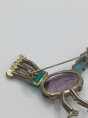 1940s Pot Metal Bird Brooch Rhinestone Figural fruit salad purple glass Vintage