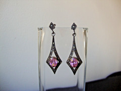VINTAGE ARROW TEARDROP PINK TOPAZ W/ MARCASITE SILVER 925 DANGLE STUD EARRINGS