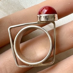 Red Index Finger Modernist Ring Square Geometric SZ 9 Signed Sterling Silver 925