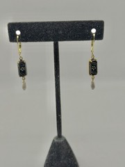Victorian Mourning Jet Art Glass Hand Painted Flowers & Pearl Leverback Earrings