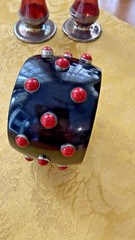 BIG Vtg 2” Black Resin Sterling Inset Red Coral STATEMENT Bangle Bracelet