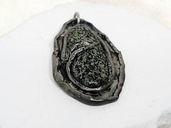 Handmade Nickel Silver Or Pewter Pendant W Polished Black & Green Stone – 2″ L