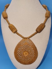 Fine Carved Large Wood Teardrop Pendant on Wood & Metal Bead Necklace