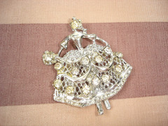 Vintage Large 2 Inch Dancing Girl With Rhinestones Dress Silver Tone Pin Brooch