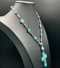 Vintage CHINESE TURQUOISE CROSS Turtles Necklace 20” 70s EUC 🔥!SALE!🔥
