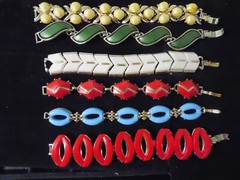 Lot of 6 1950’s Thermoset Bracelets Red, Blue, Green, White & Yellow
