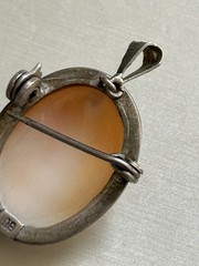 Antique 800 Silver Cameo Pendant Necklace W/Clip On Earrings & Brooch Pendant 2″