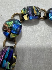 Vintage Glass Cabochon Brass Bracelet Multi Color Rainbow Unique Colorful