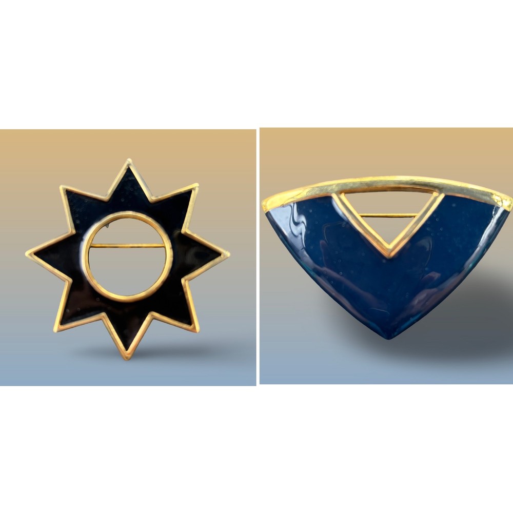 Vintage MONET Blue & Gold Enamel STAR & TRIANGLE Brooch Modernist