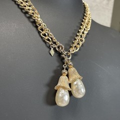 Vintage Sarah Coventry Fashion Parade Gold Tone Chain Faux Pearl Tassel Necklace