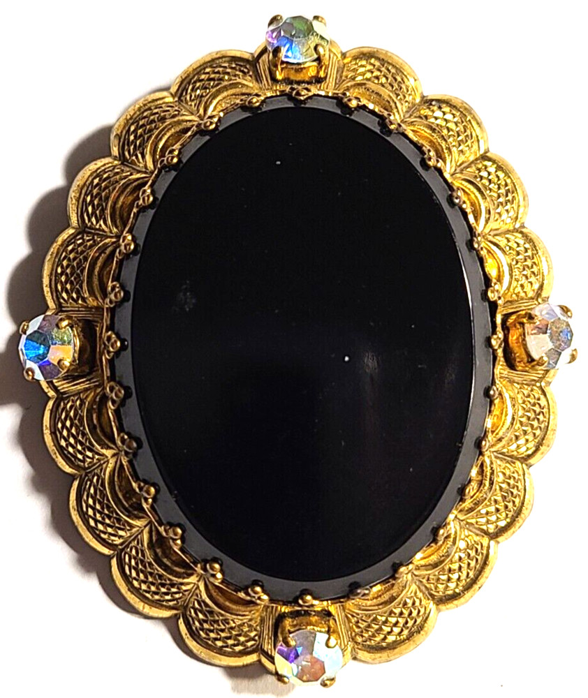 VINTAGE FILIGREE BLACK GLASS AURORA BOREALIS CRYSTAL SIGNED GERMANY PIN BROOCH