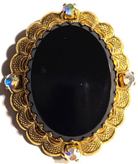 VINTAGE FILIGREE BLACK GLASS AURORA BOREALIS CRYSTAL SIGNED GERMANY PIN BROOCH