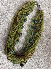 Multi Strand (25) Seed Bead Necklace 16” Choker Green and Brown Beads