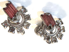 VTG Duane Earrings Pink Baguettes Rhinestones SIlver Tone Screw Back .75″ Signed