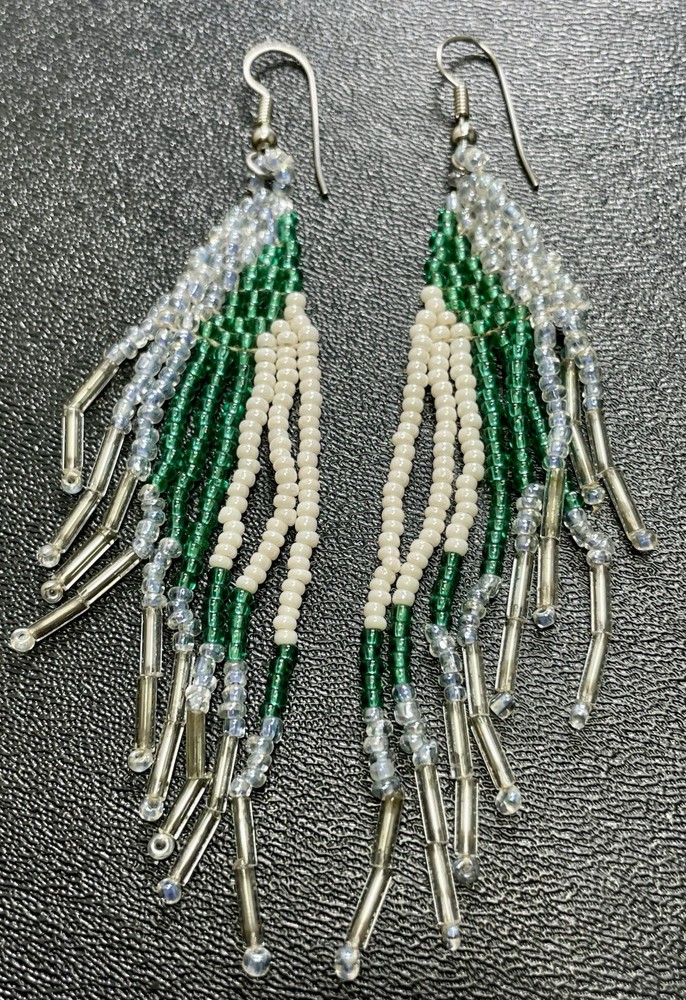 Vintage 4” Green & Blue Colorful Seed Beaded Dangle Earrings