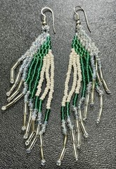 Vintage 4” Green & Blue Colorful Seed Beaded Dangle Earrings