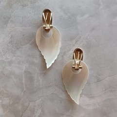 Vintage Midcentury Gold & White Mother Of Pearl Carved Leaf Omega Clip Earrings