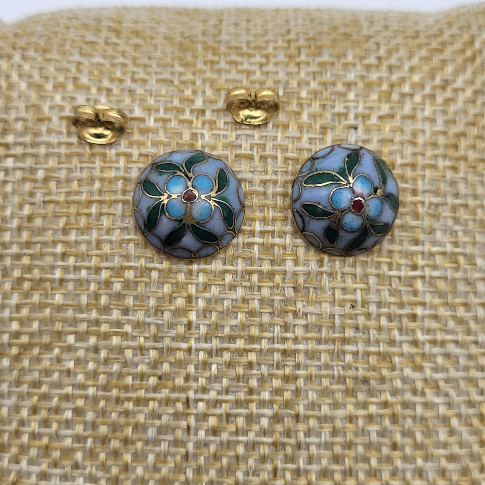 Beautiful Vintage Cloisonne Enamel Pierced Post Gold Filled Stud Earrings