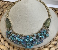 Vintage Turquoise Chip & Glass Statement Necklace Boho Cowgirl 14in ~ 17in