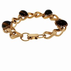 Vintage Gold Plated Filigree Engraved Bracelet Tiger Eye Cabochon 7 1/4”