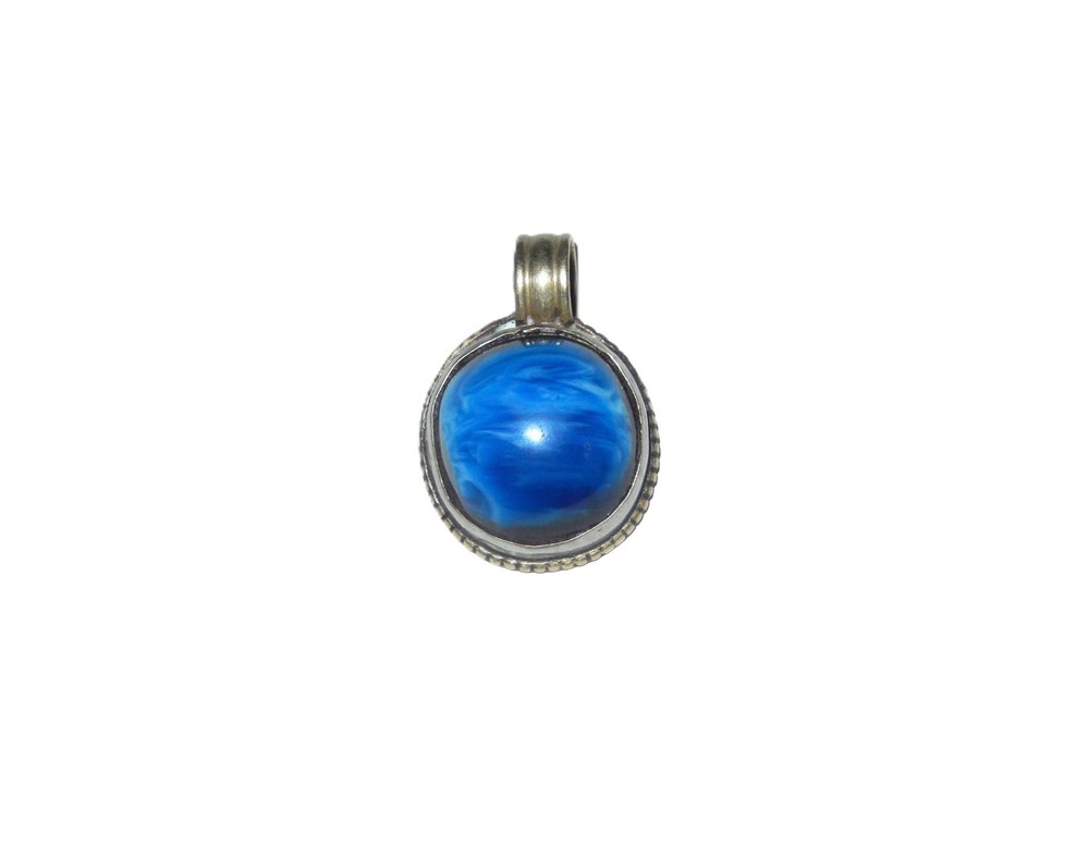 Old Ethnic Tribal Silver Pendant Set w Cobalt Blue Oval Copal Cabochon, Nepal