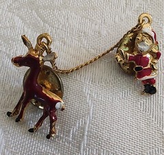 Vintage 1970s Christmas Enamel Santa & Reindeer Push Back Pins On Chain