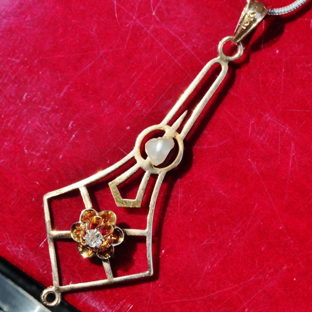 10k rose gold pendant 0.05ct diamond pearl charm 1890’s antique handmade 0.9gr