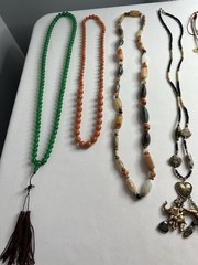 Vintage Asian Jade Rose Quartz Carved Beaded Necklaces Bracelet Jewelry Lot 7pcs